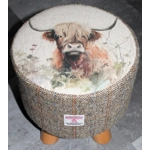 SMALL 28cm(D)x28cm(H) Round Footstool 4 Wooden Legs Highland Cow  Herringbone Check Harris Tweed