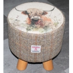 SMALL 28cm(D)x28cm(H) Round Footstool 4 Wooden Legs Highland Cow  Herringbone Check Harris Tweed