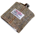 Harris Tweed Covered 6oz Hipflask In Wooden Chess Set Box With 4 Cups & Funnel