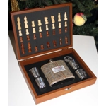 Harris Tweed Covered 6oz Hipflask In Wooden Chess Set Box With 4 Cups & Funnel
