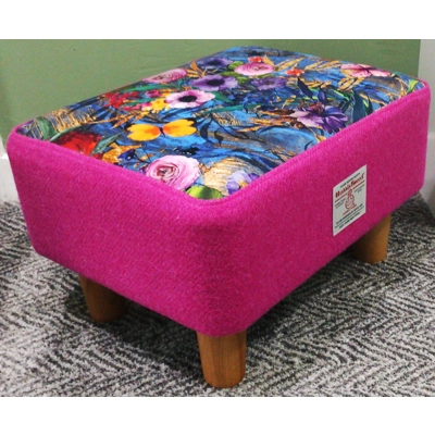 MEDIUM 40x30x25cm Rectangular Footstool Italian Velvet Meadow Flowers Fabric & Pink Harris Tweed