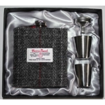 7oz Hip Flask Charcoal Harris Tweed Cover Boxed Funnel & 2 Cups
