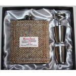 7oz Hip Flask Herringbone Harris Tweed Cover Boxed Funnel & 2 Cups