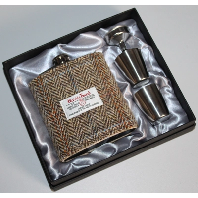 7oz Hip Flask Herringbone Harris Tweed Cover Boxed Funnel & 2 Cups