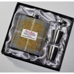 7oz Hip Flask Gold and Blue Check Harris Tweed Cover Boxed Funnel & 2 Cups