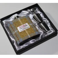 7oz Hip Flask Gold and Blue Check Harris Tweed Cover Boxed Funnel & 2 Cups