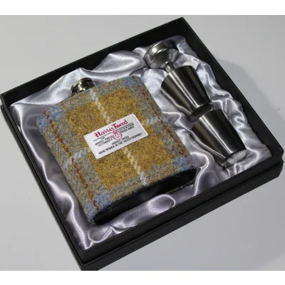 7oz Hip Flask Gold and Blue Check Harris Tweed Cover Boxed Funnel & 2 Cups