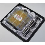 7oz Hip Flask Gold and Blue Check Harris Tweed Cover Boxed Funnel & 2 Cups