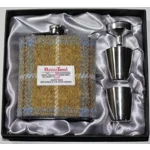 7oz Hip Flask Gold and Blue Check Harris Tweed Cover Boxed Funnel & 2 Cups