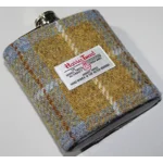 7oz Hip Flask Gold and Blue Check Harris Tweed Cover Boxed Funnel & 2 Cups