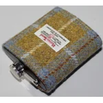 7oz Hip Flask Gold and Blue Check Harris Tweed Cover Boxed Funnel & 2 Cups