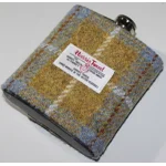 7oz Hip Flask Gold and Blue Check Harris Tweed Cover Boxed Funnel & 2 Cups