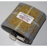 7oz Hip Flask Gold and Blue Check Harris Tweed Cover Boxed Funnel & 2 Cups
