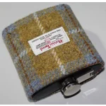 7oz Hip Flask Gold and Blue Check Harris Tweed Cover Boxed Funnel & 2 Cups