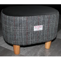 OVAL 40x30x30cm Footstool  Charcoal Check Harris Tweed & Faux Leather Top