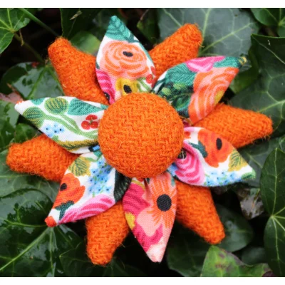 Orange Harris Tweed & Floral Corsage Brooch