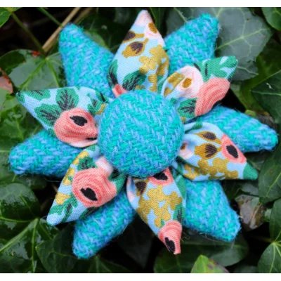 Turquoise & Green Herringbone Harris Tweed & Floral Corsage Brooch