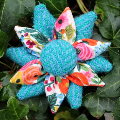 Turquoise & Green Herringbone Harris Tweed & Floral Corsage Brooch