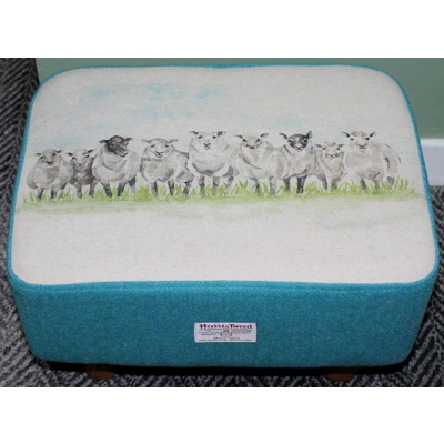 MEDIUM 40x30x25cm Rectangular Footstool Teal/Green Herringbone Harris Tweed & Sheep