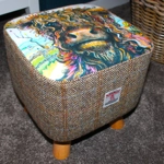 SMALL 28cm x28cm Square Footstool 4 Wooden Legs Highland Cow  Herringbone Check Harris Tweed