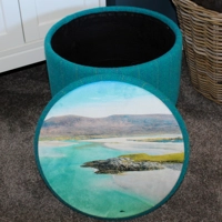 Large 40x40x40cm STORAGE Footstool Teal Herringbone Stripe Harris Tweed Seilebost