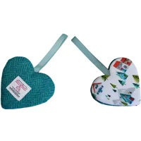 Teal Herringbone Harris Tweed & Christmas Scandi Houses Fabric Hanging Heart Decoration, Door Hanger