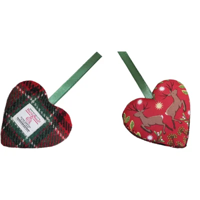Red Check Harris Tweed & Christmas Scandi Deer Hanging Heart Decoration, Door Hanger