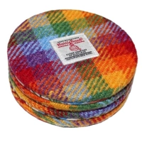 Set of 2 or 4 Round Chunky Reversible Drinks Coasters Rainbow Harris Tweed & Floral