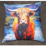 27" x 27" Highland Cow Floor  Cushion with Blue & White Harris Tweed Back & Poly Cushion Insert