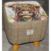 SMALL 28cm x28cm Square Footstool 4 Wooden Legs Highland Cow  Herringbone Check Harris Tweed