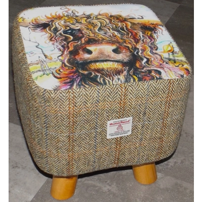 SMALL 28cm x28cm Square Footstool 4 Wooden Legs Highland Cow  Herringbone Check Harris Tweed