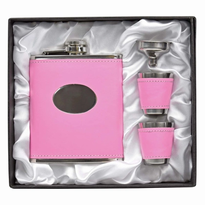 Geschenkset 175 ml Flachmann mit PU-Lederhülle in pink