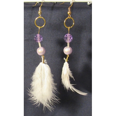Feather Earring - Purple & White Beads