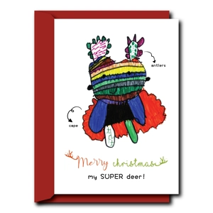 Hand drawn print Christmas card- Super Reindeer | Christmas Card