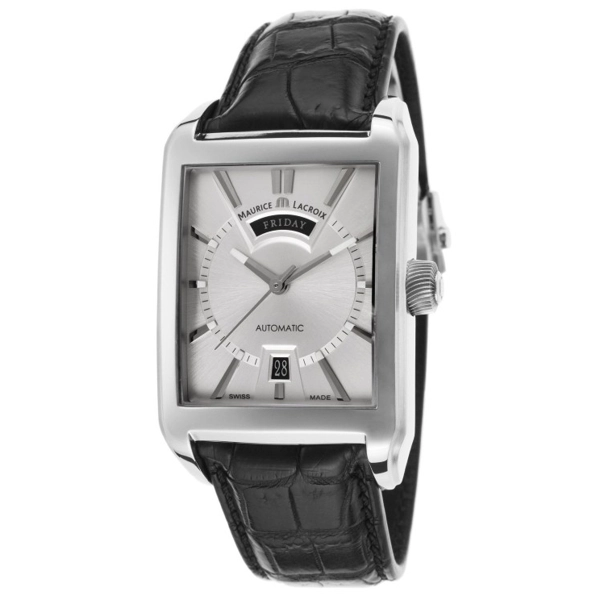 Men's Pontos Automatic Silver-Tone Dial Black Genuine Leather