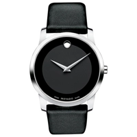 Movado Black Dial Black Leather Strap Men’s Wa..