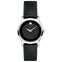 Movado Black Dial Black Leather Strap Ladies W..