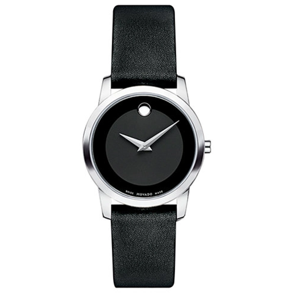 Movado Black Dial Black Leather Strap Ladies Watch 0606503