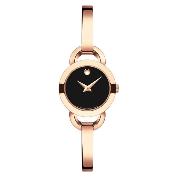 Movado Black Dial Ladies Rose Gold Tone Watch 0607065