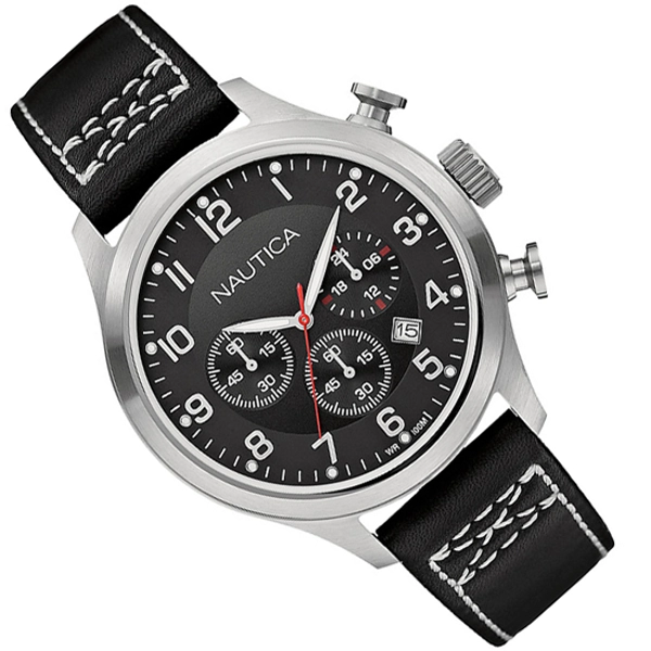 Nautica A14696G Man Black Leather Strap Chronograph Watch
