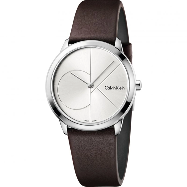 Calvin Klein K3M221G6 Minimal Brown Leather Strap Silver Ladies Dial