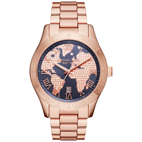 Michael Kors MK6395 Layton Rose Gold Tone Blue Globe Dial Ladies Watch