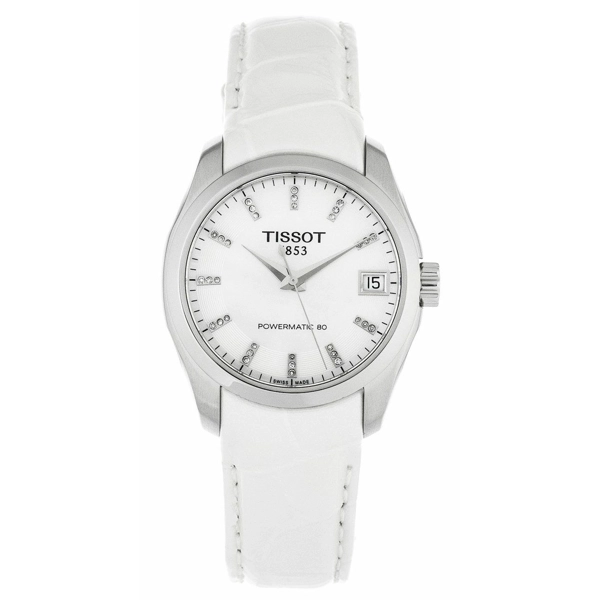 Tissot T0352071611600 Mother of Pearl, Diamonds Markers, White Dial Leather Strap Automatic Watch For Women