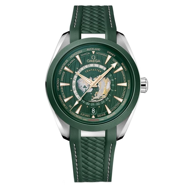 Omega Seamaster Aqua Terra 150M Worldtimer 220.32.43.22.10.001 Green Rubber Watches for Men