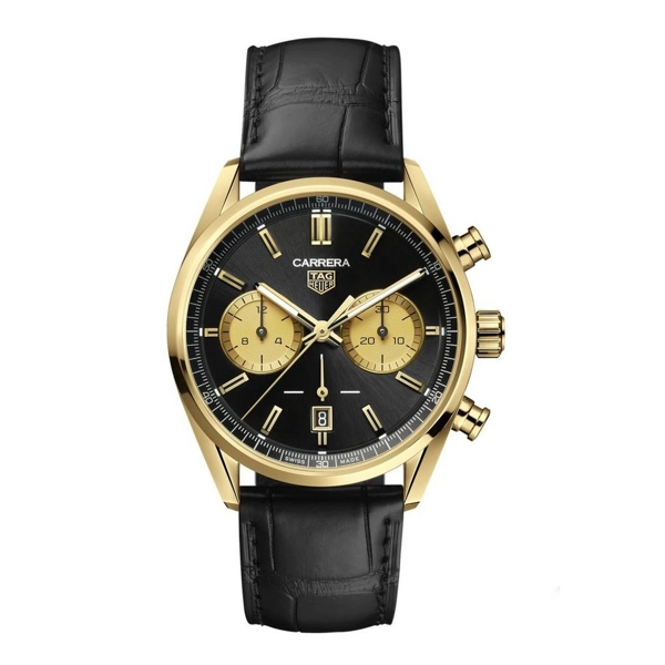 TAG Heuer Gold Carrera Chronograph CBN2044.FC8313 Black Alligator Leather Watches For Men