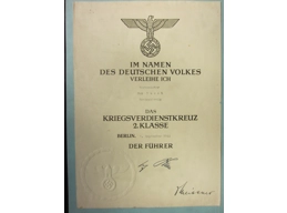 Original WW2 german award document for the War Merit Cross 2nd Class