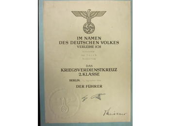 Original WW2 german award document for the War Merit Cross 2nd Class