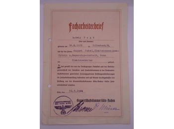 Skilled worker's certificate in the name of Ludwig Vogt dated 31.3.1944
