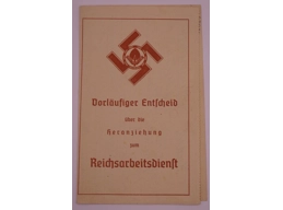 Temporary decision on mobilization to the Reich Labour Service document