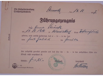 Original German Nazi era certificate of good conduct